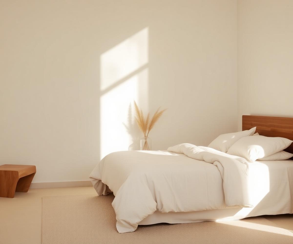 Sunlit bedroom with linen bedding