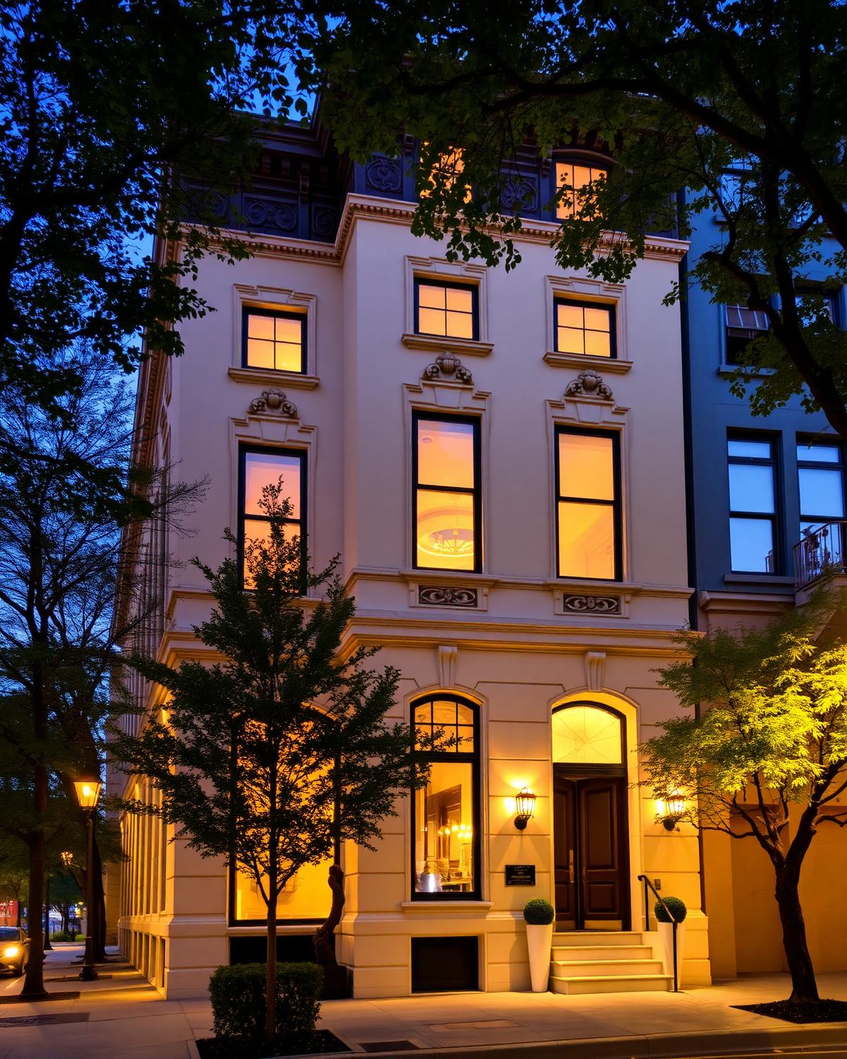 Chicago brownstone at dusk
